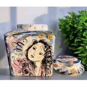 VTG Art Canister with lid hand Painted Colorful women portrait sign by Artist